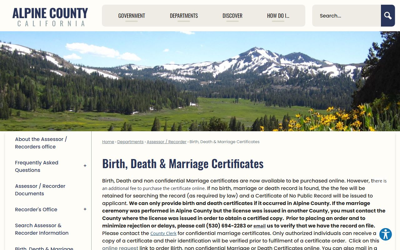 Alpine County vital records portal