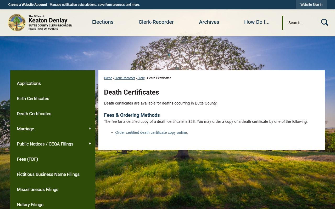 Butte County death certificate information page