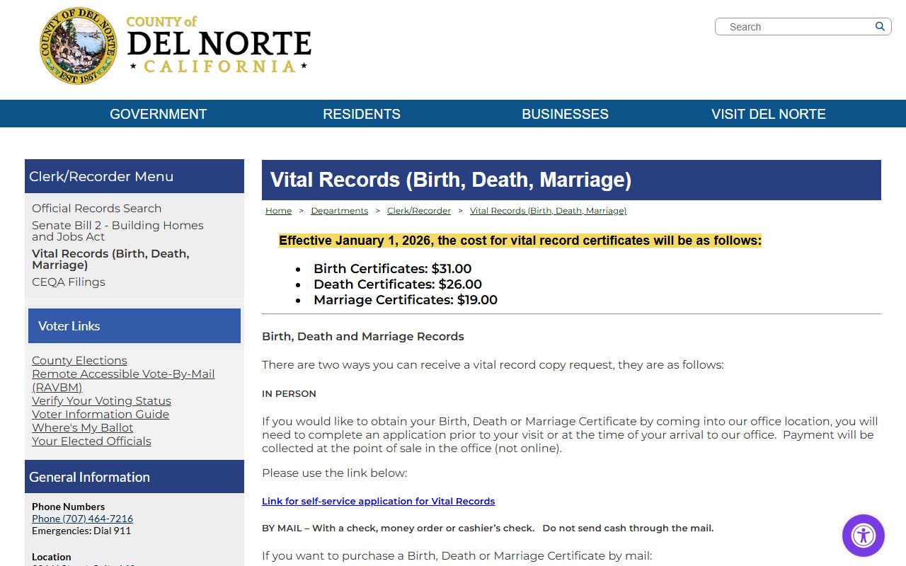 Del Norte County vital records page