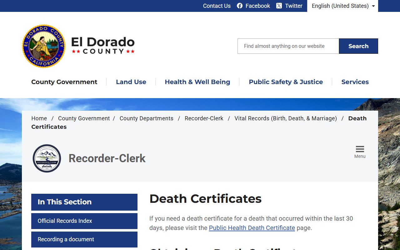 El Dorado County death certificates page