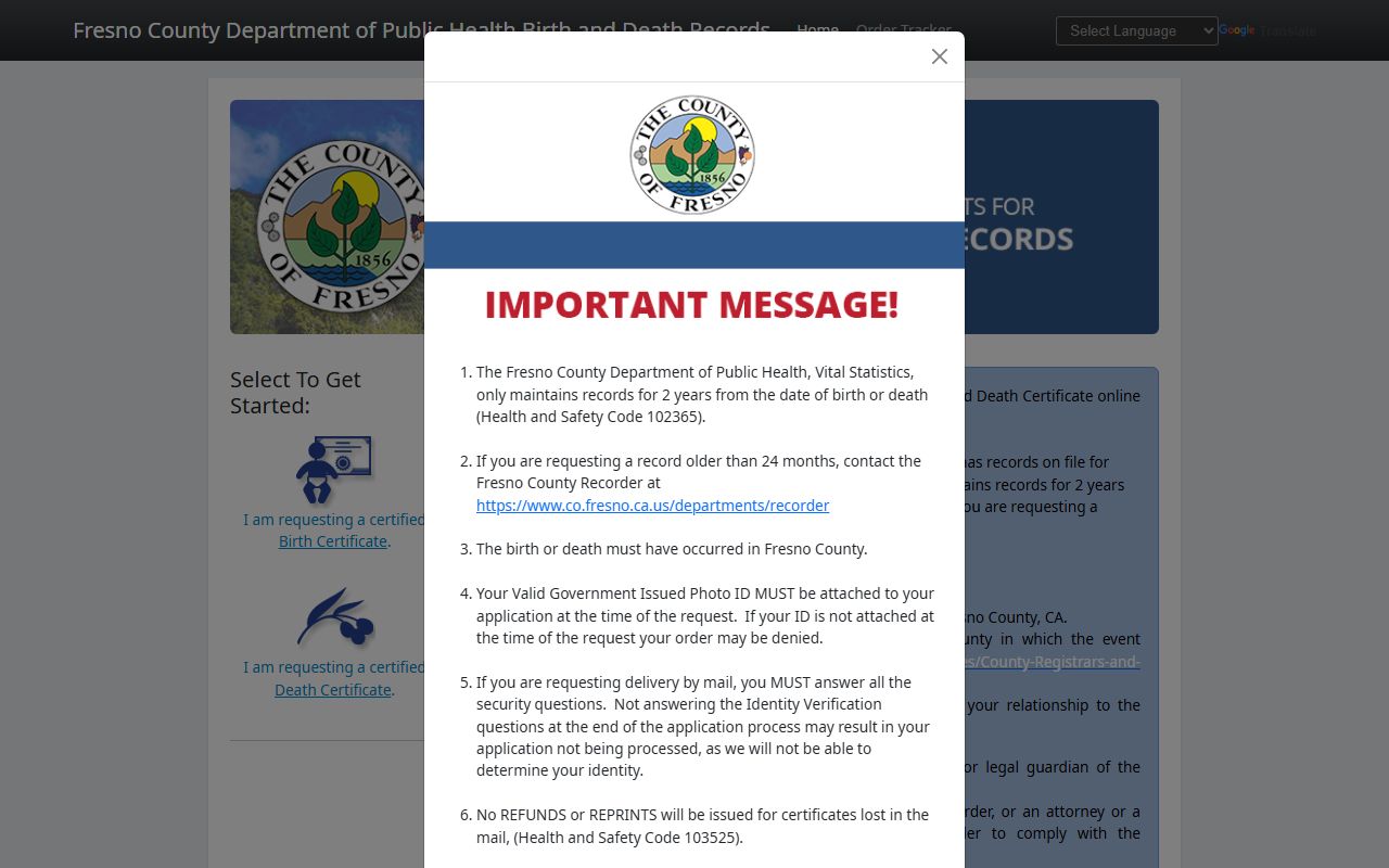 Fresno County online vital records system