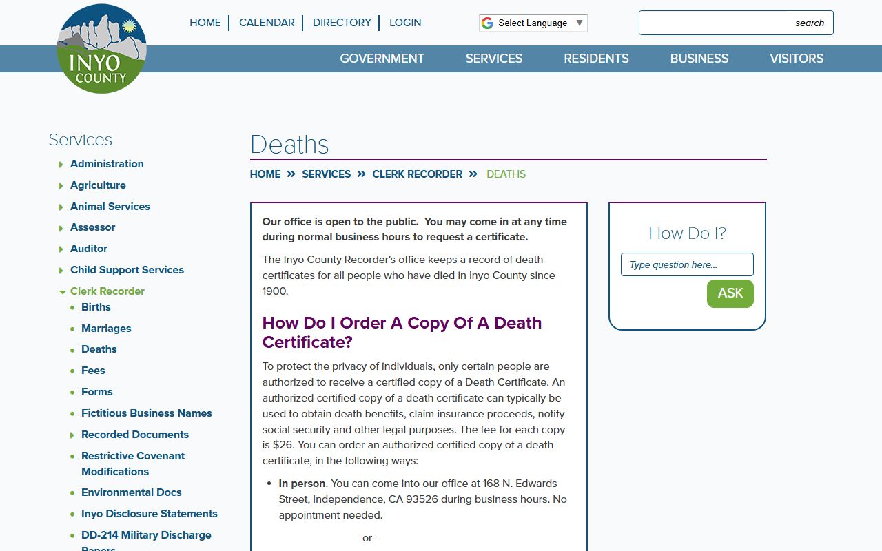 Inyo County deaths page