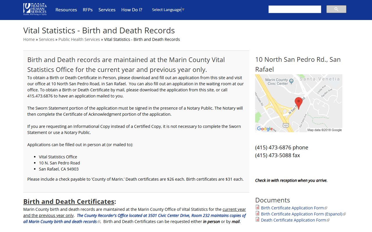 Marin County vital statistics page