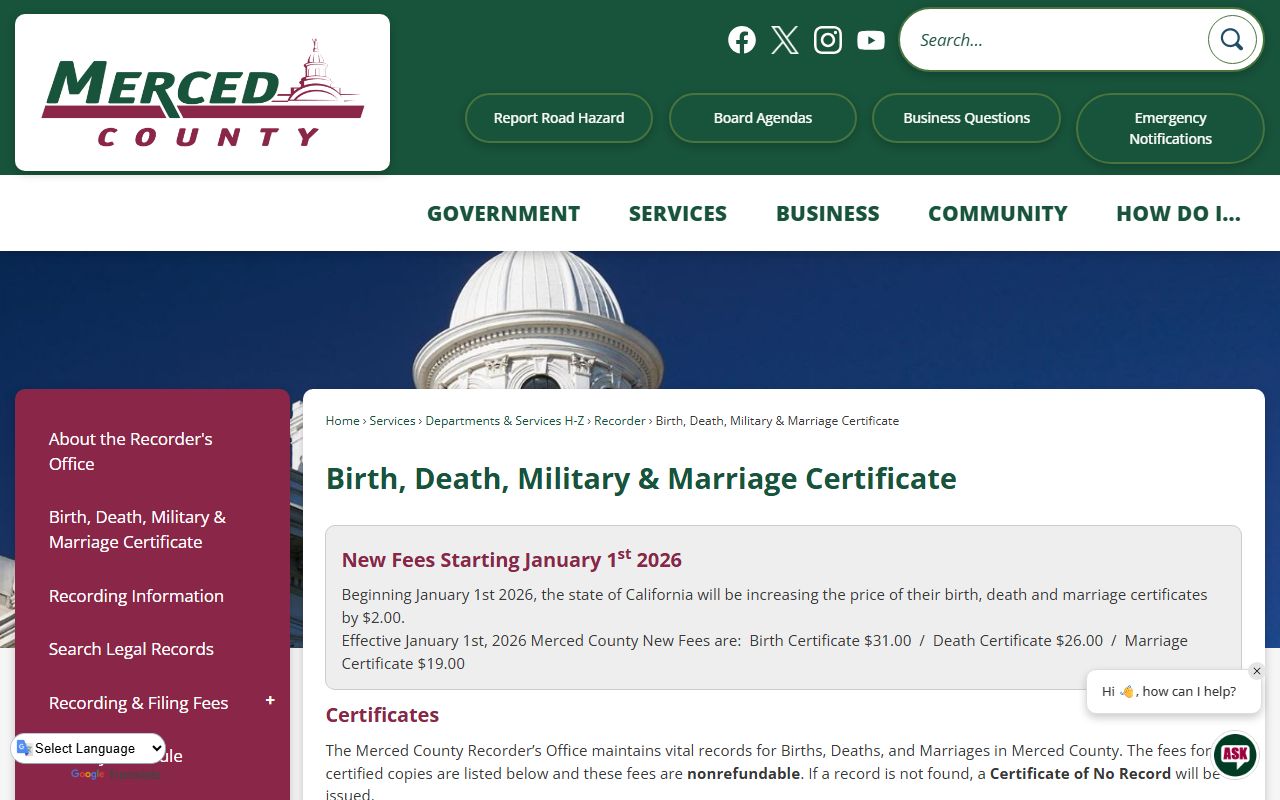 Merced County vital records page