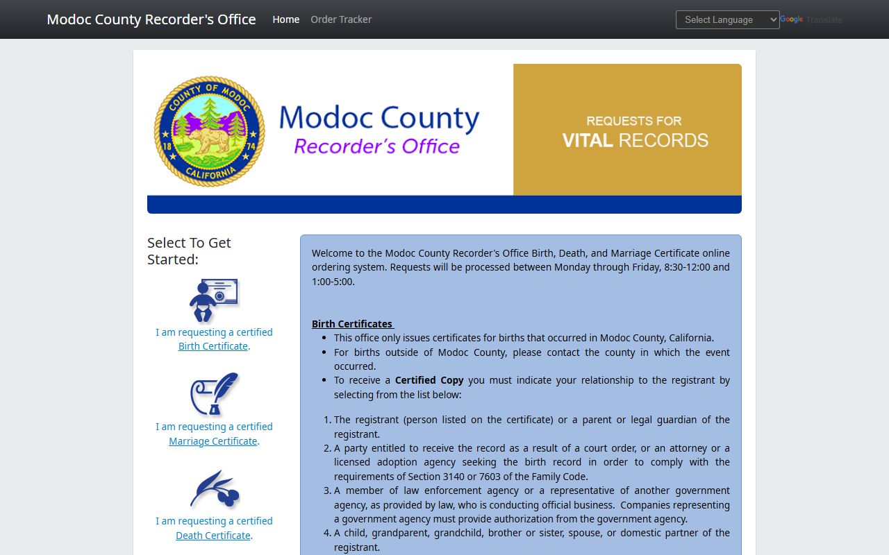 Modoc County online ordering portal