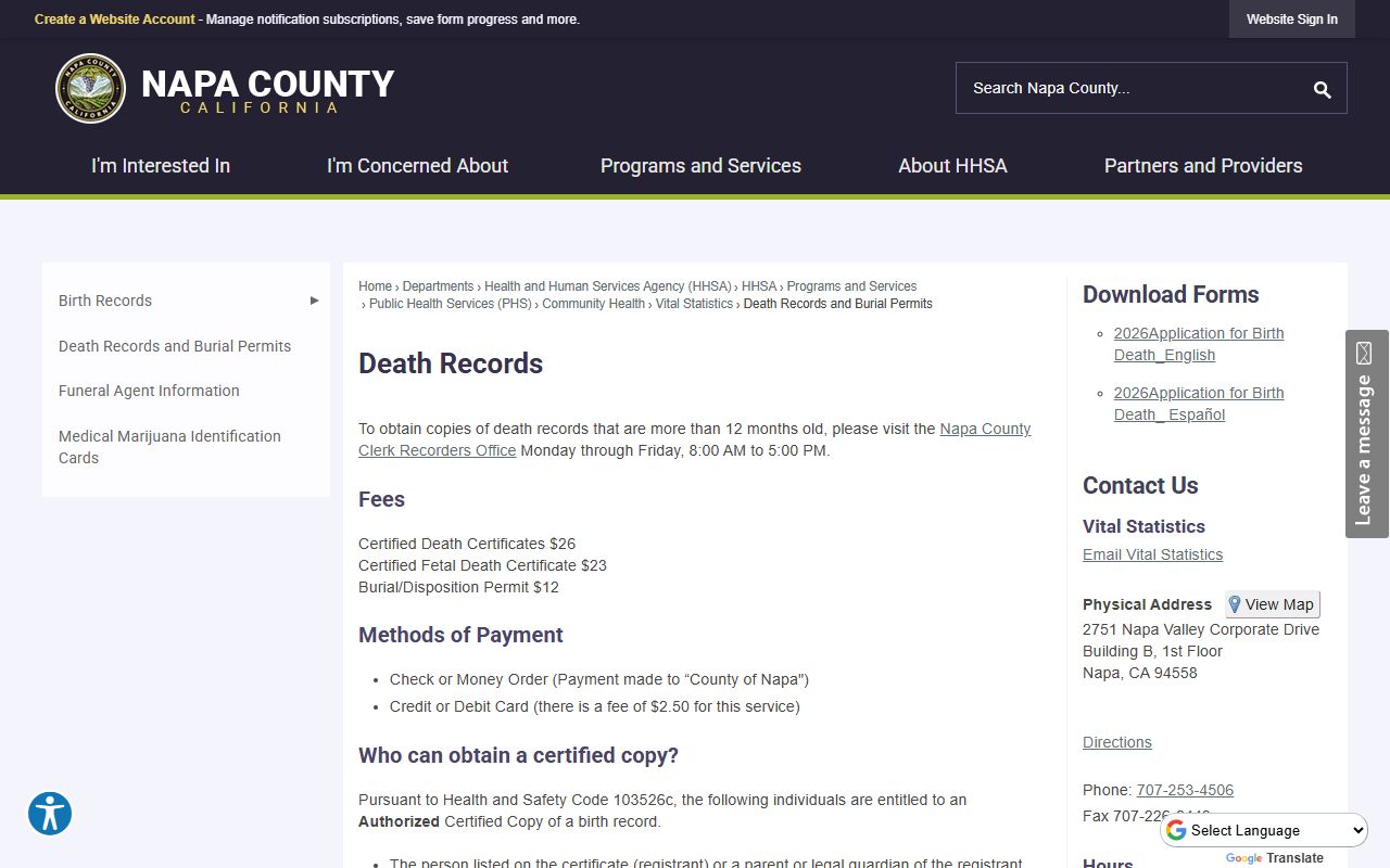 Napa County death records page