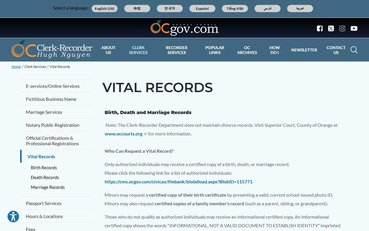 Orange County Clerk-Recorder vital records page