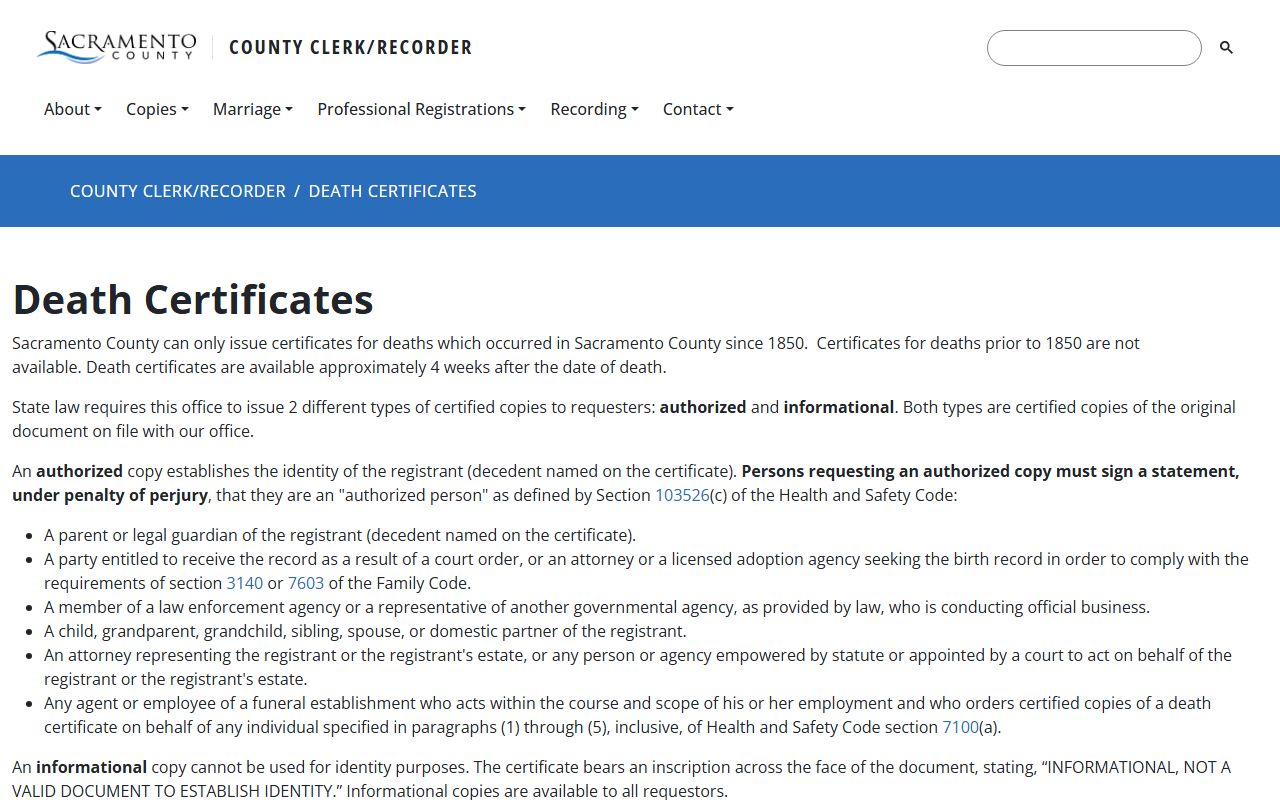 Sacramento County death certificates page