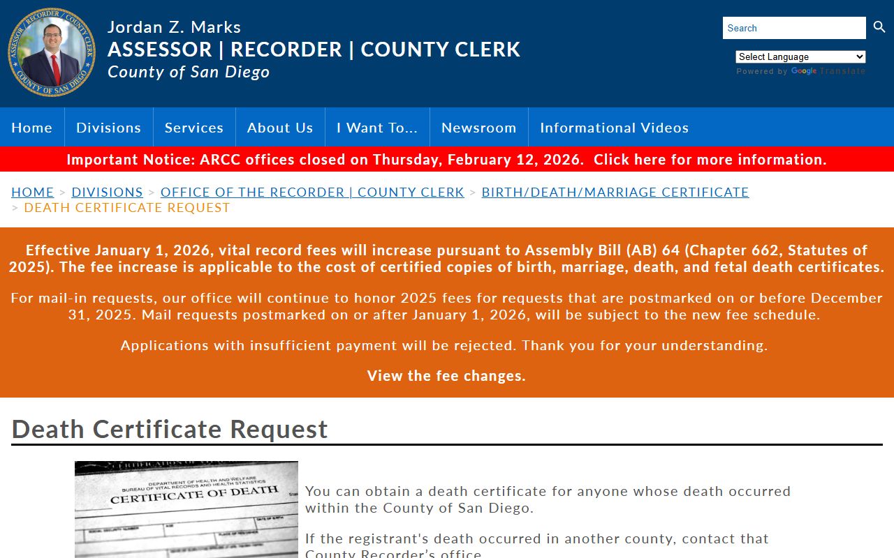 San Diego County vital records information page