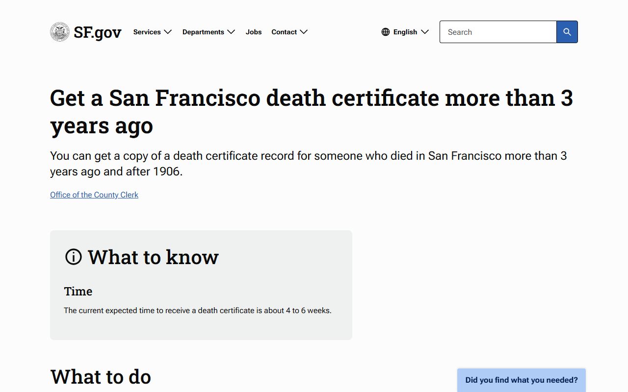 San Francisco death certificate information page