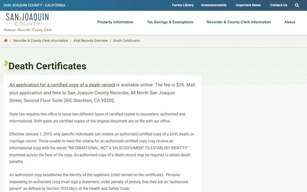 San Joaquin County death certificates page