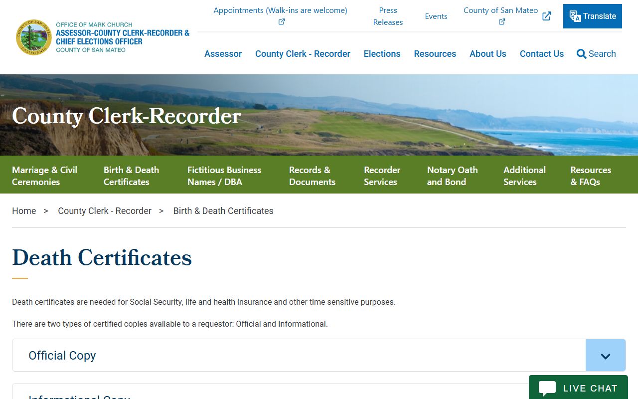 San Mateo County death certificates page