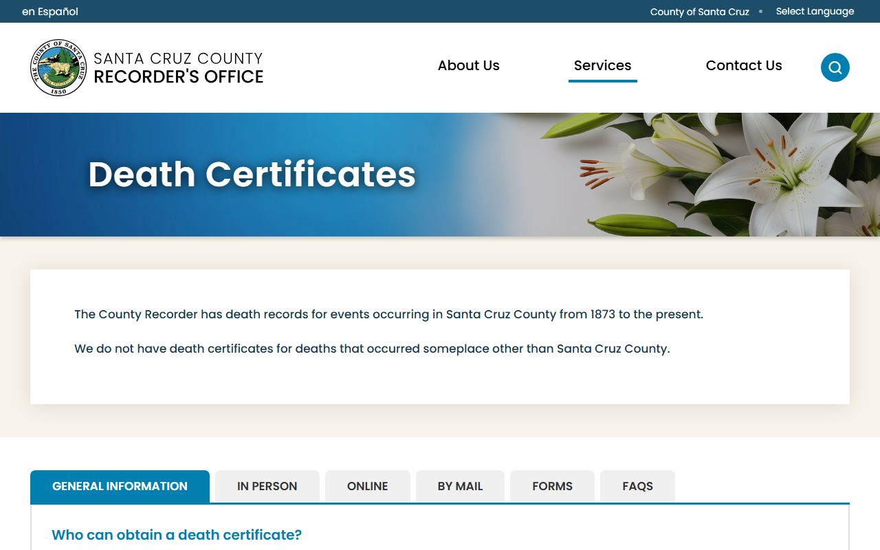 Santa Cruz County death certificates page