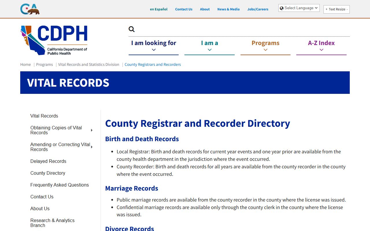 CDPH County Registrars and Recorders directory page
