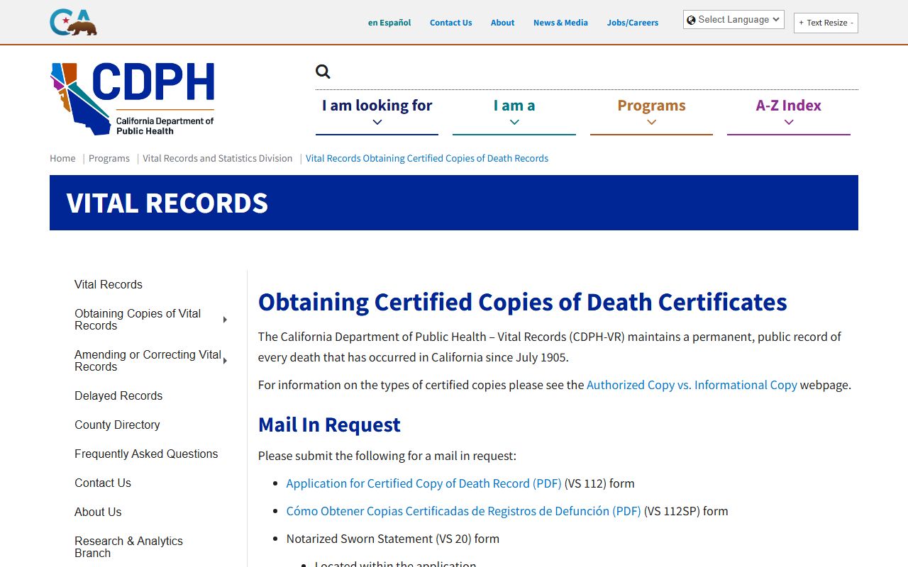 California Department of Public Health death records request page